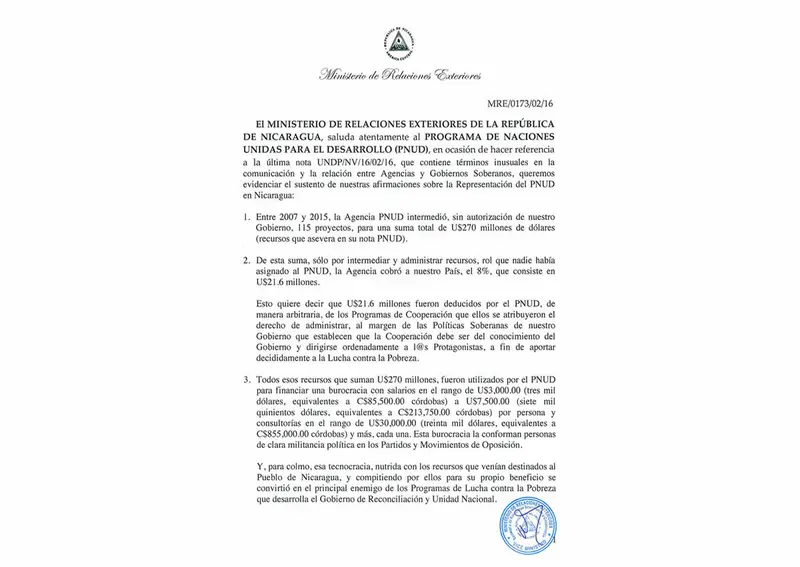 Gobierno de Nicaragua responde al Programa de Naciones Unidas para el Desarrollo