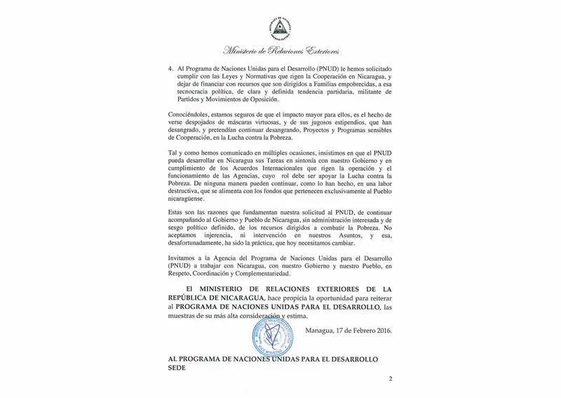 Gobierno de Nicaragua responde al Programa de Naciones Unidas para el Desarrollo