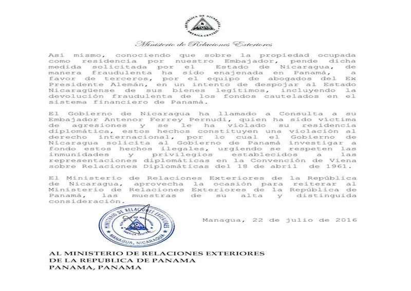 Cancillería de Nicaragua pide mayor investigación a Panamá en caso de Embajador nicaragüense