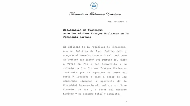 Declaración de Nicaragua ante los últimos ensayos nucleares en la Península Coreana