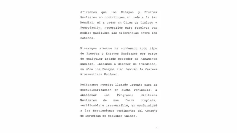 Declaración de Nicaragua ante los últimos ensayos nucleares en la Península Coreana