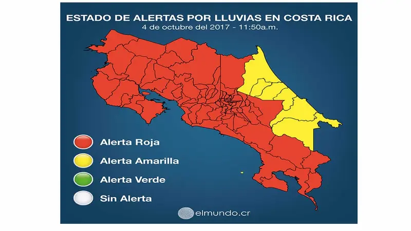 Costa Rica declara Alerta Roja por intensas lluvias en el territorio 