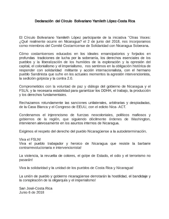 Fuerzas populares costarricenses se solidarizan con el pueblo nicaragüense 