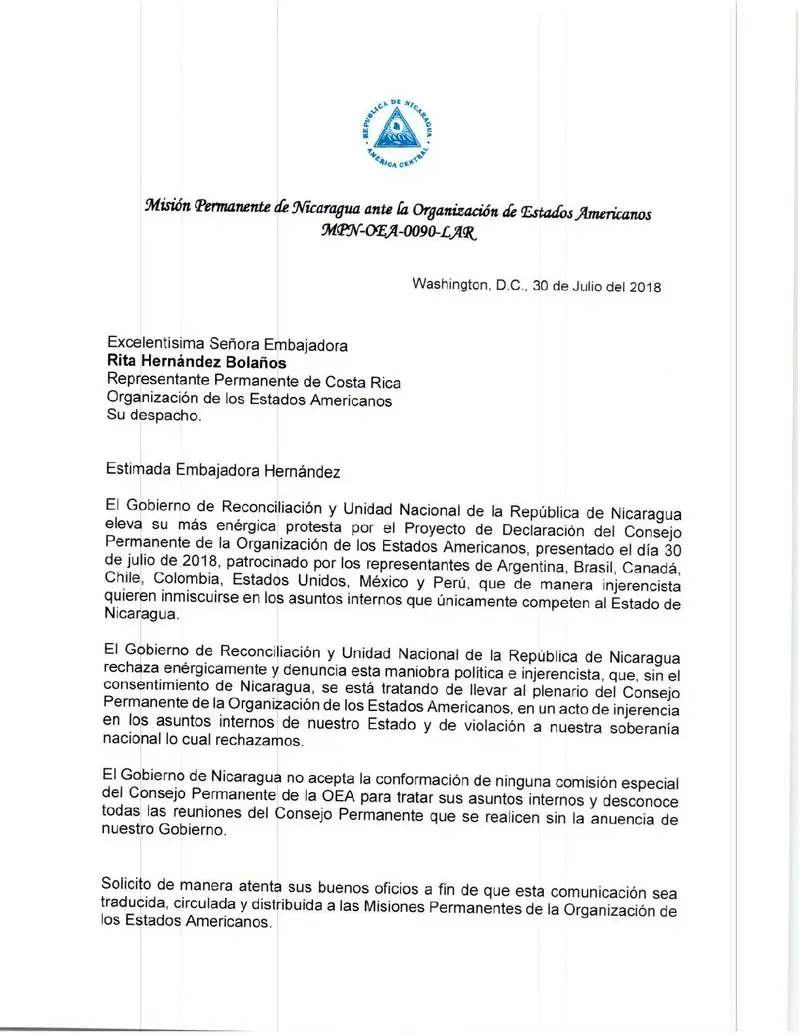 Gobierno de Nicaragua entregada Nota de Protesta a los Estados Miembros de la OEA