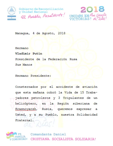 Daniel y Rosario expresan solidaridad con las familias rusas afectadas por accidente de aviación