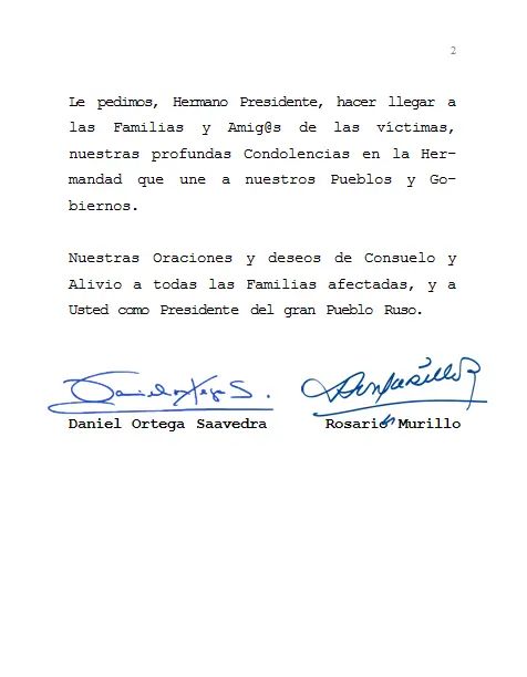 Daniel y Rosario expresan solidaridad con las familias rusas afectadas por accidente de aviación