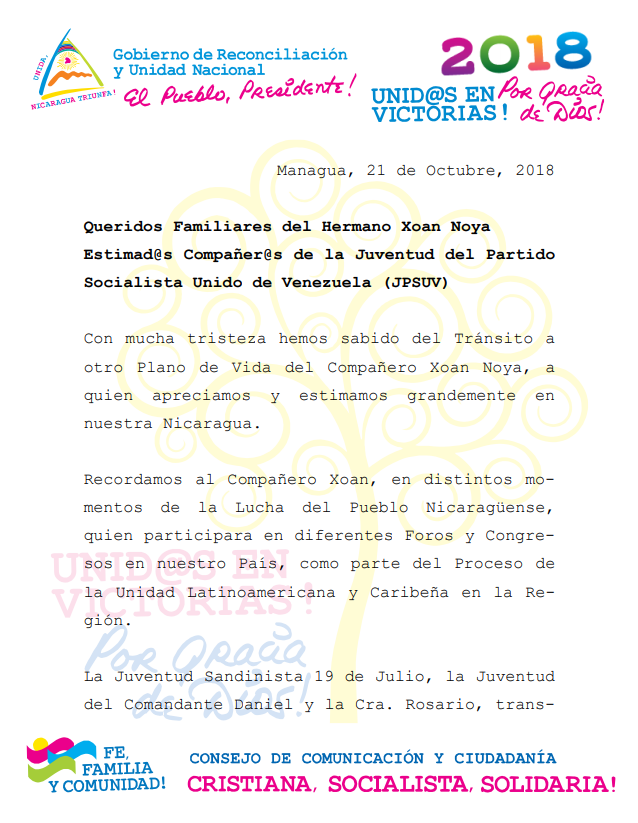 Consejo de Juventud Sandinista expresa solidaridad por Tránsito a otro Plano de Vida del Compañero Xoan Noya