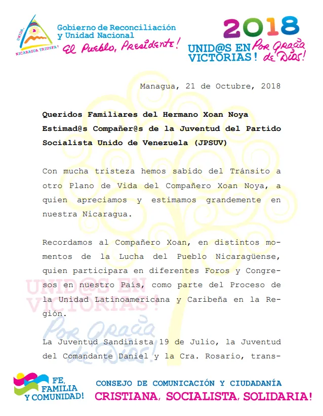 Consejo de Juventud Sandinista expresa solidaridad por Tránsito a otro Plano de Vida del Compañero Xoan Noya