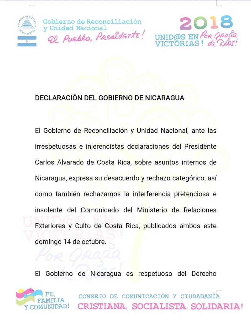 Gobierno de Nicaragua rechaza las irrespetuosas declaraciones del presidente de Costa Rica