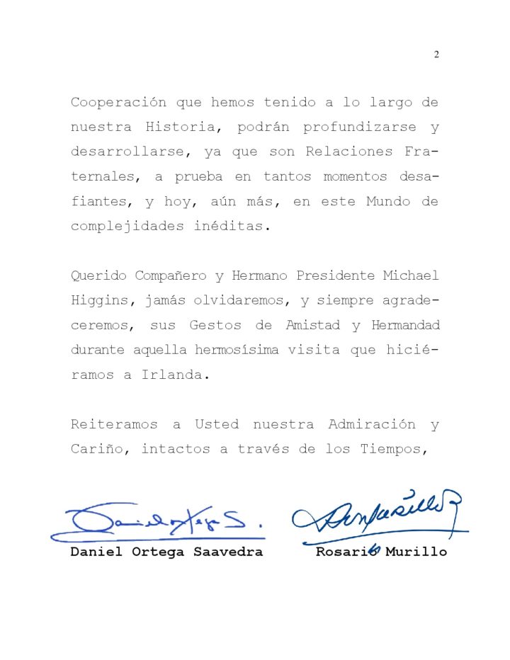 Cmte. Daniel Ortega y Cra. Rosario Murillo saludan reelección de Michael Higgins, Presidente de Irlanda