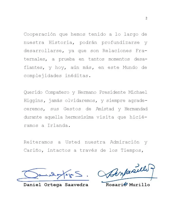 Cmte. Daniel Ortega y Cra. Rosario Murillo saludan reelección de Michael Higgins, Presidente de Irlanda