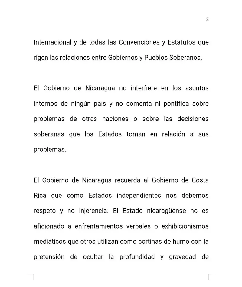 Gobierno de Nicaragua rechaza las irrespetuosas declaraciones del presidente de Costa Rica