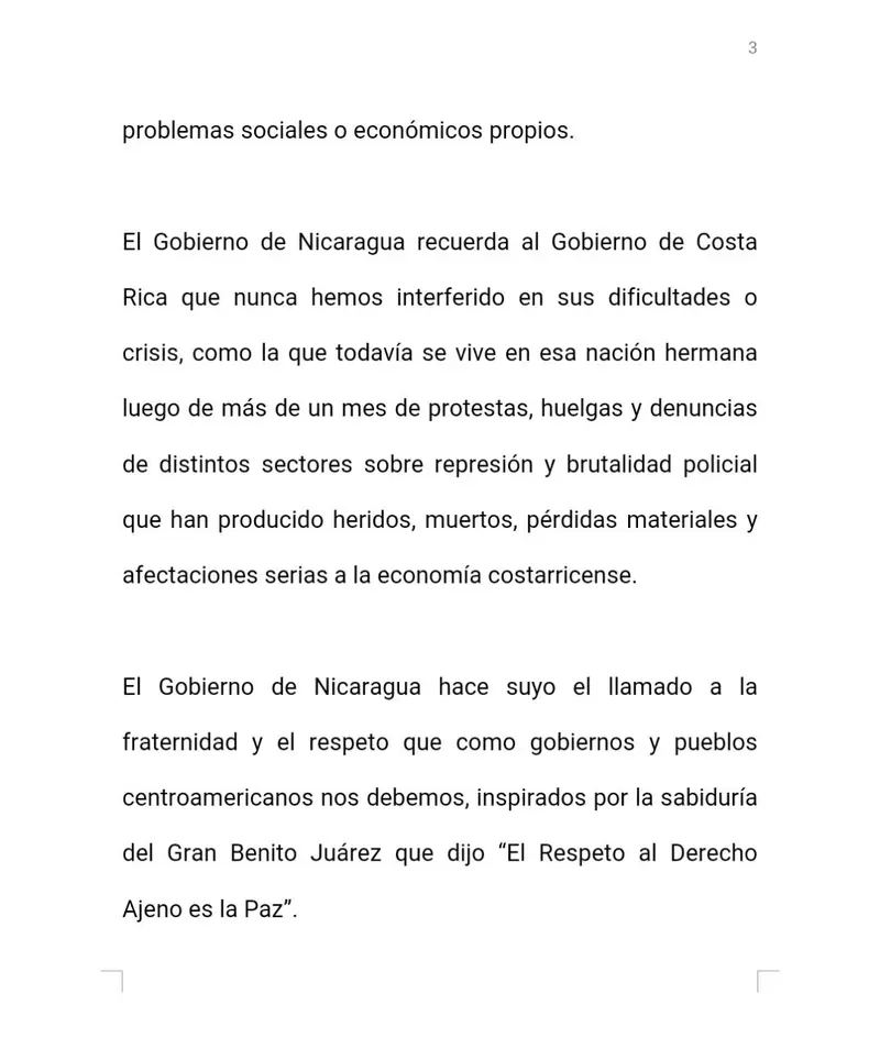 Gobierno de Nicaragua rechaza las irrespetuosas declaraciones del presidente de Costa Rica