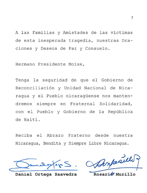 Daniel y Rosario envían mensaje al Presidente de Haití en solidaridad por terremoto