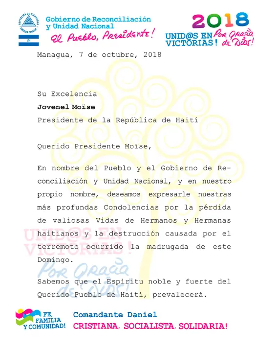 Daniel y Rosario envían mensaje al Presidente de Haití en solidaridad por terremoto