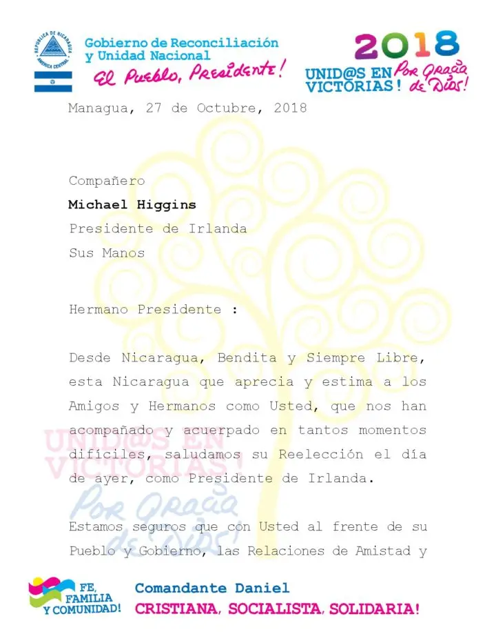 Cmte. Daniel Ortega y Cra. Rosario Murillo saludan reelección de Michael Higgins, Presidente de Irlanda
