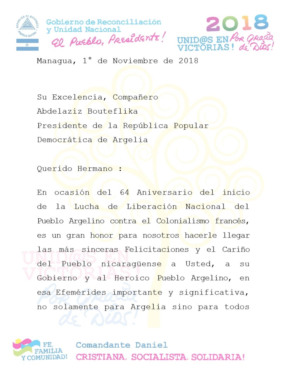 Nicaragua saluda el 64 aniversario de la Revolución del pueblo argelino&nbsp;