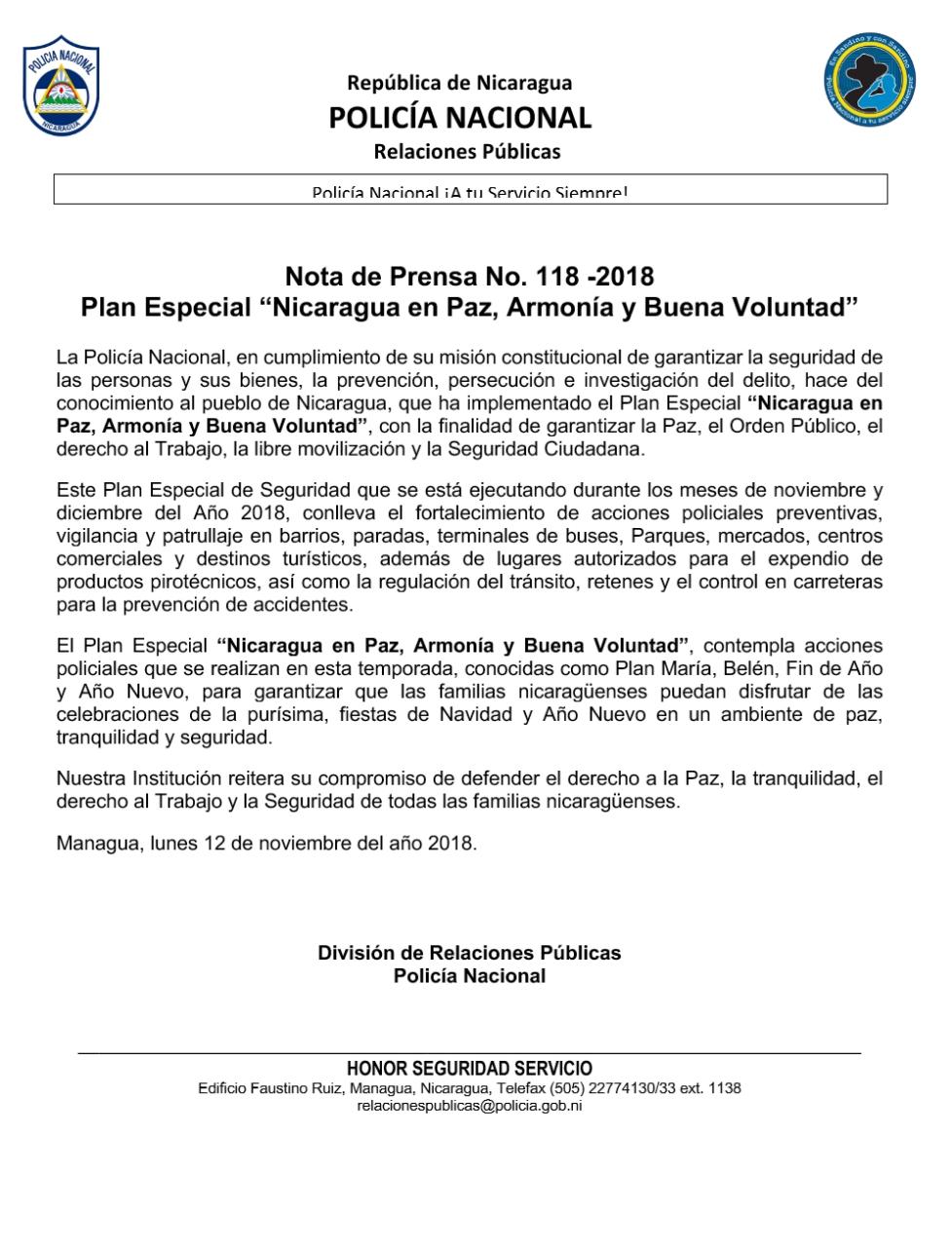 Policía Nacional presenta Plan Especial “Nicaragua en Paz, Armonía y Buena Voluntad”