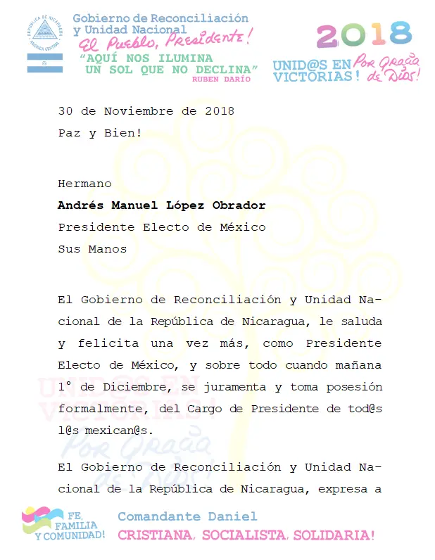 Gobierno de Reconciliación felicita al nuevo Presidente de México, Andrés Manuel López Obrador