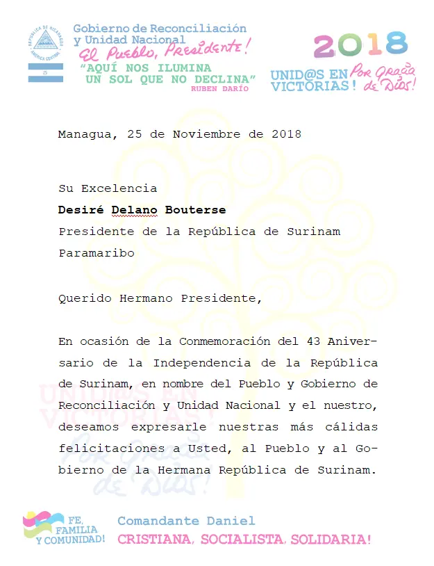 Daniel y Rosario saludan al Presidente de la República de Surinam en el 43 aniversario de Independencia de su pueblo