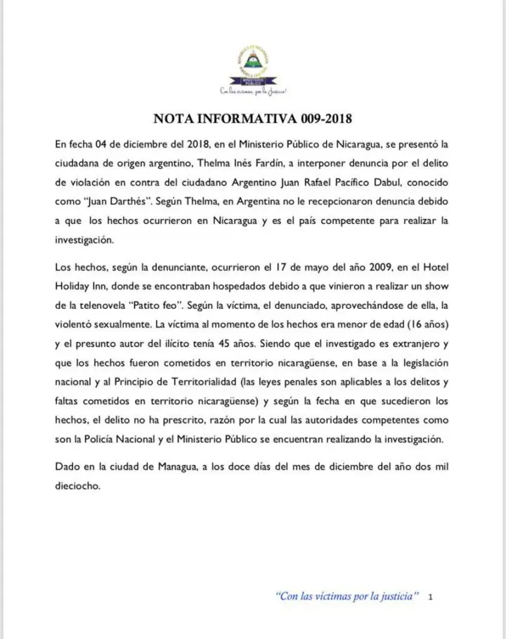 Ministerio Público de Nicaragua emite información acerca de la violación en contra de la actriz argentina