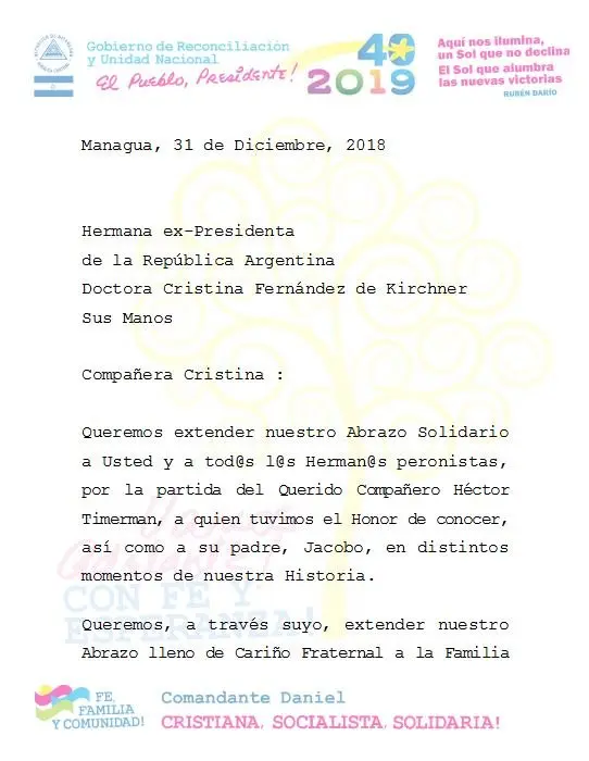 Daniel y Rosario lamentan el sensible fallecimiento del&nbsp;Compañero Argentino, Héctor Timerman