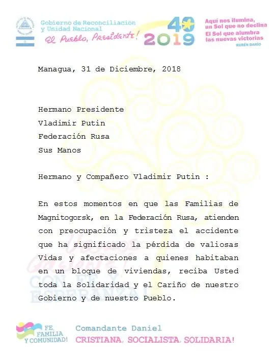 Daniel y Rosario envían mensaje de solidaridad al presidente ruso, tras accidente en&nbsp;Magnitogorsk