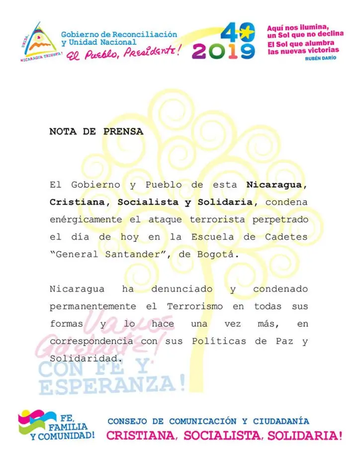 Nicaragua condena el ataque terrorista realizado en la Escuela de Cadetes “General Santander” de Colombia