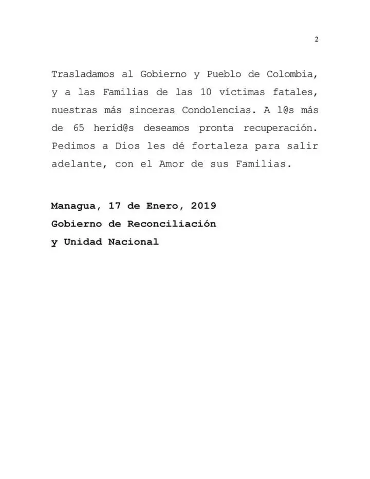 Nicaragua condena el ataque terrorista realizado en la Escuela de Cadetes “General Santander” de Colombia