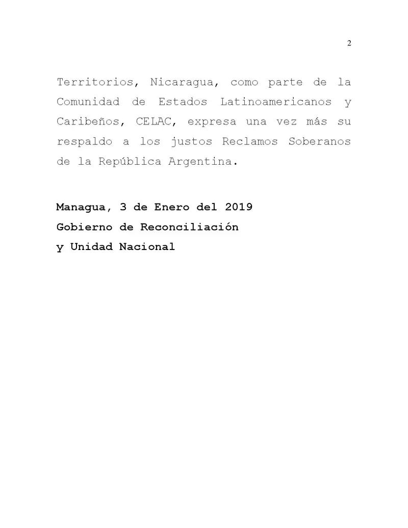 Gobierno de Nicaragua respalda a la Soberanía de Argentina sobre las Islas Malvinas