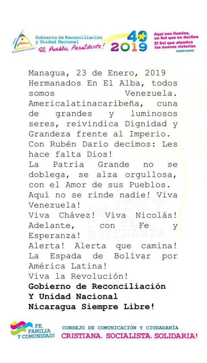 Gobierno de Nicaragua envía comunicado de solidaridad con Venezuela