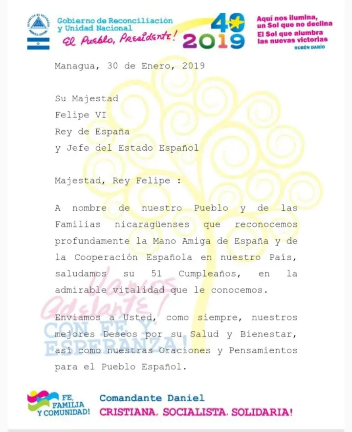 Gobierno de Nicaragua envía saludos al rey Felipe VI de España por su cumpleaños