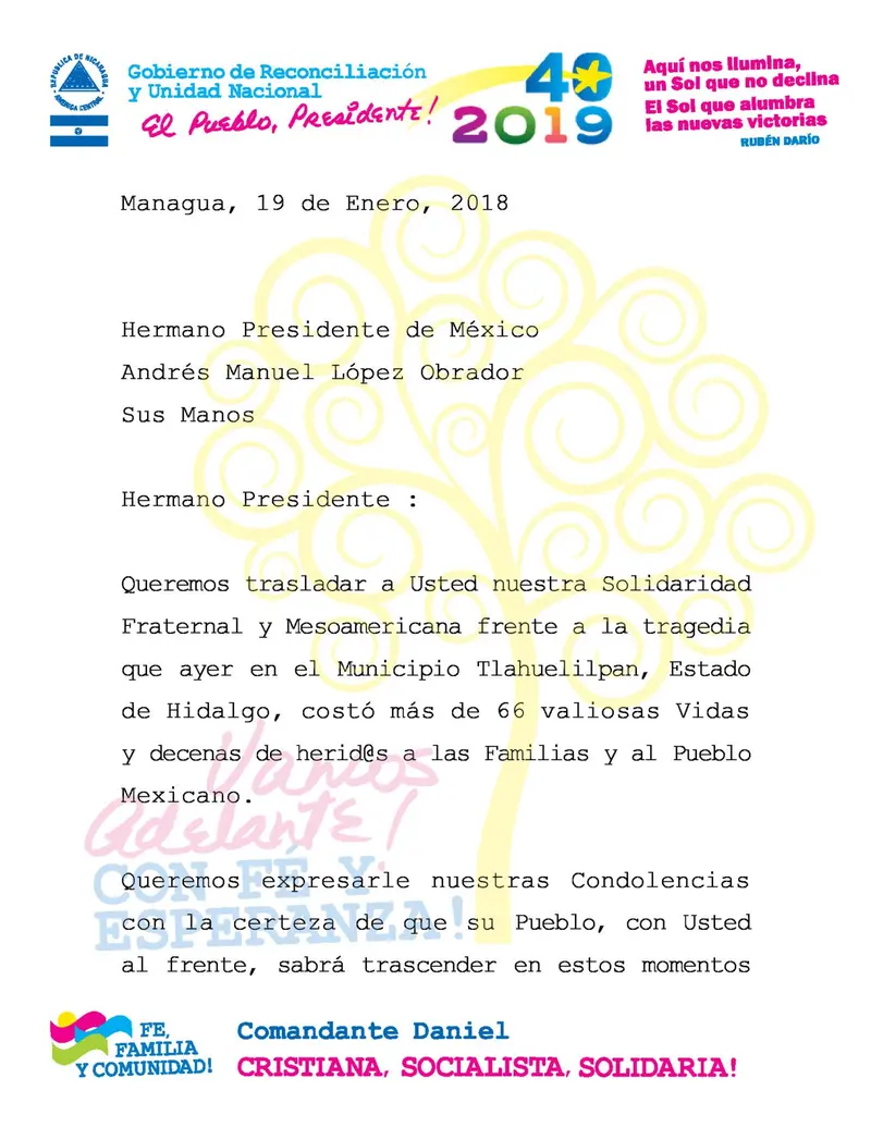 Daniel y Rosario envían mensaje de solidaridad al Presidente de México por tragedia en Tlahuelilpan