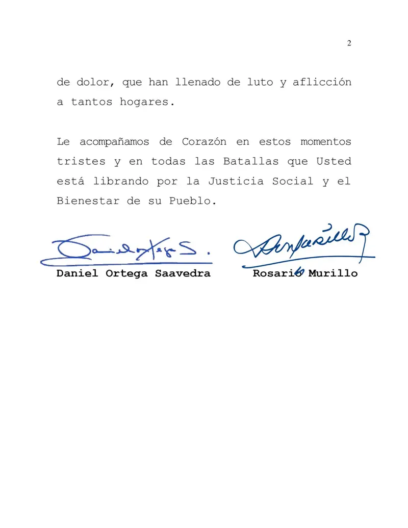 Daniel y Rosario envían mensaje de solidaridad al Presidente de México por tragedia en Tlahuelilpan