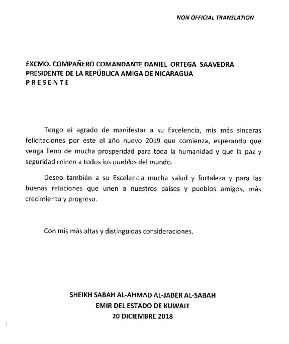 Presidente Daniel recibe con aprecio carta de felicitación de Año Nuevo del Emir del Estado de Kuwait