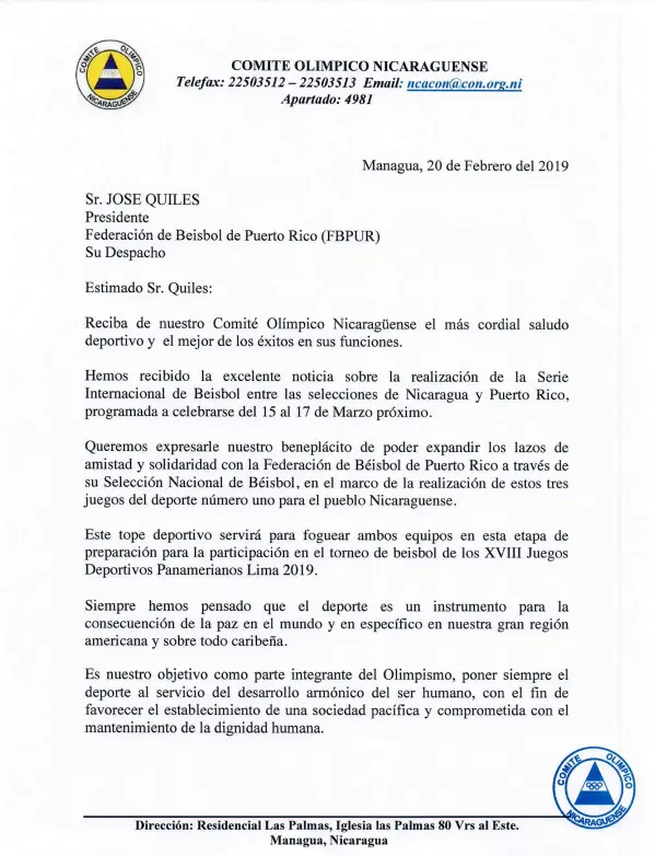 Comité Olímpico Nicaragüense agradece a la federación de béisbol de Puerto Rico por el tope amistoso