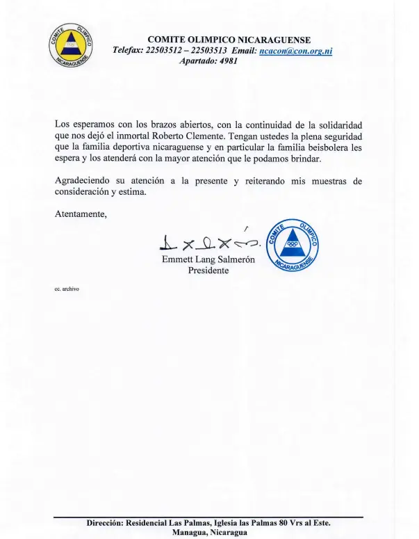 Comité Olímpico Nicaragüense agradece a la federación de béisbol de Puerto Rico por el tope amistoso