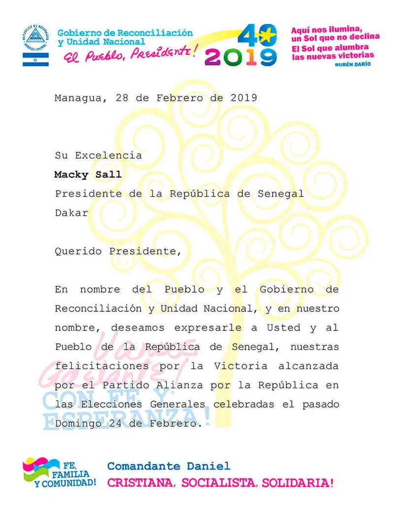Gobierno de Nicaragua saluda victoria del Partido Alianza por la República en elecciones generales de Senegal