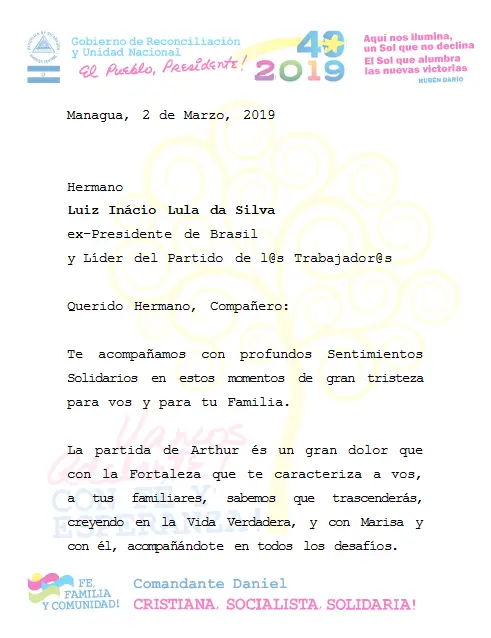 Gobierno de Nicaragua se solidariza con el ex-presidente de Brasil, Lula da Silva