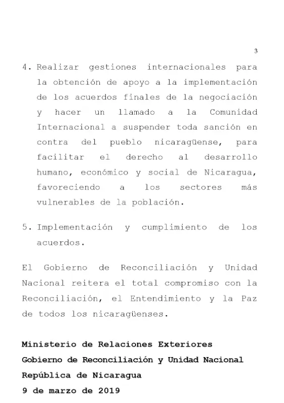 Gobierno de Reconciliación y Unidad Nacional brinda comunicado sobre los puntos de agenda para la Mesa de Negociación