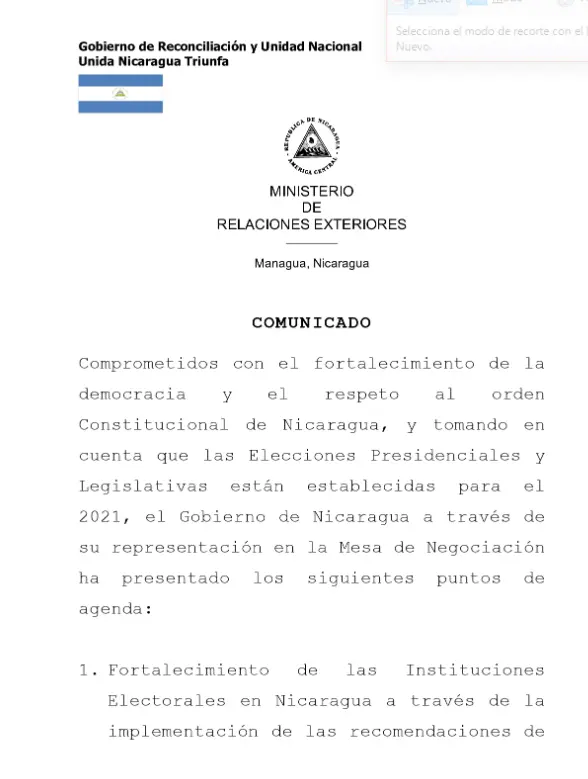 Gobierno de Reconciliación y Unidad Nacional brinda comunicado sobre los puntos de agenda para la Mesa de Negociación