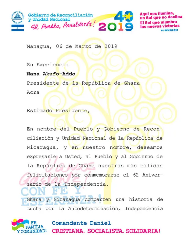 Presidente Comandante Daniel Ortega saluda 62 aniversario de Independencia de la República de Ghana