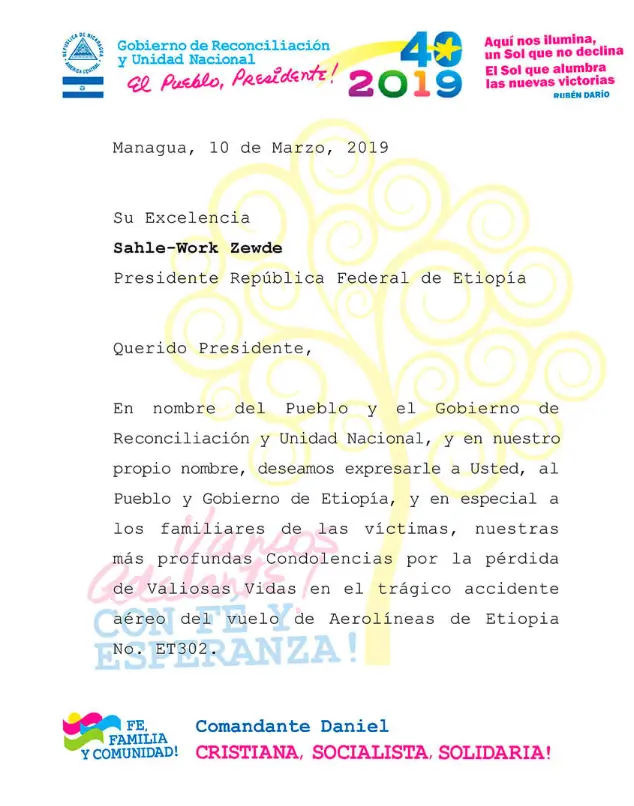 Gobierno de Nicaragua envía condolencias al Presidente de la República Federal de Etiopía tras tragedia aérea