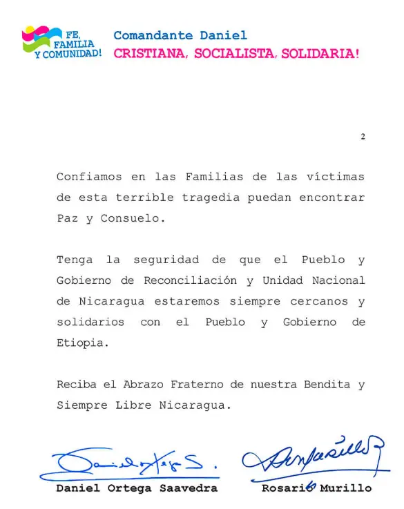 Gobierno de Nicaragua envía condolencias al Presidente de la República Federal de Etiopía tras tragedia aérea