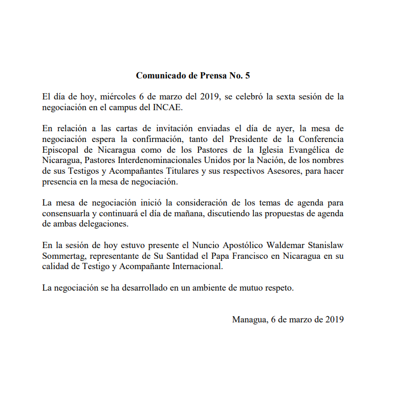 Culmina quinto encuentro de negociación por el entendimiento y la Paz