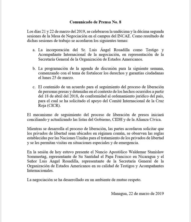 Octavo comunicado de la Mesa de Negociación por el Entendimiento y la Paz en Nicaragua