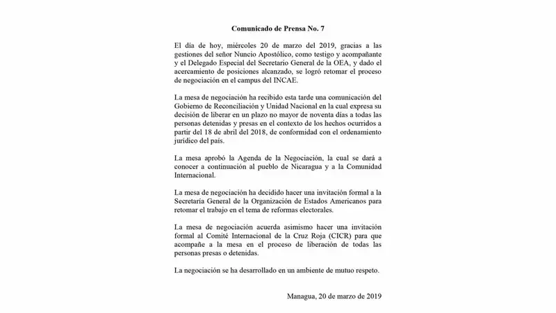 Séptimo comunicado de la Mesa de Negociación por el Entendimiento y la Paz en Nicaragua