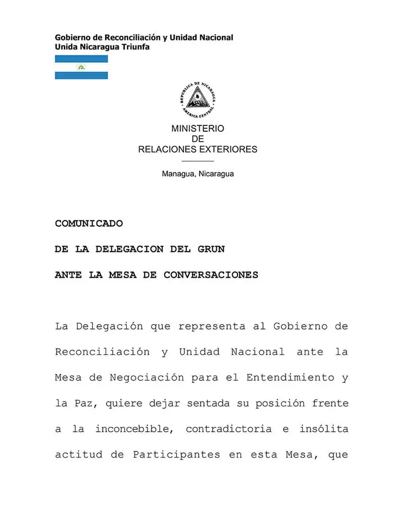Delegación del Gobierno de Nicaragua emite un nuevo comunicado ante la Mesa de Conversaciones
