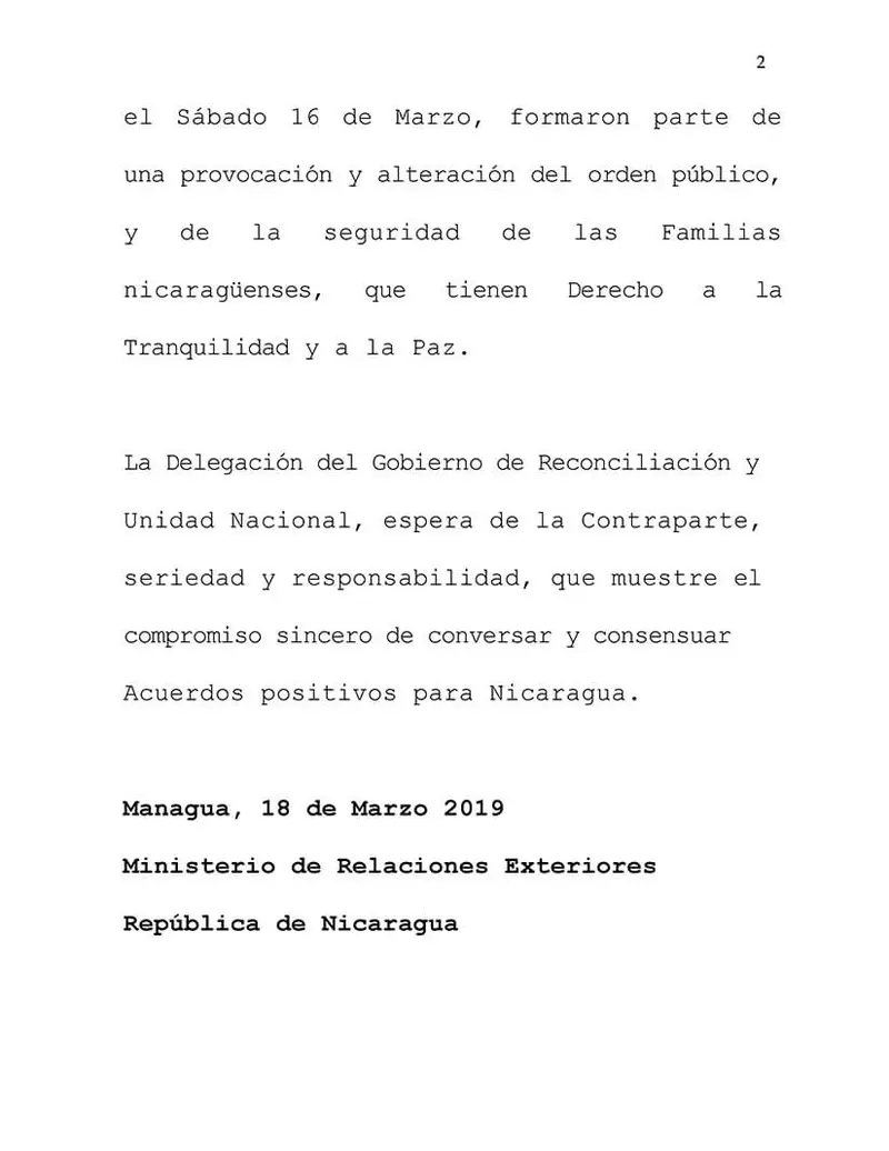 Delegación del Gobierno de Nicaragua emite un nuevo comunicado ante la Mesa de Conversaciones