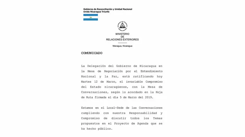 Gobierno de Nicaragua emite nuevo comunicado ante la Mesa de Negociación